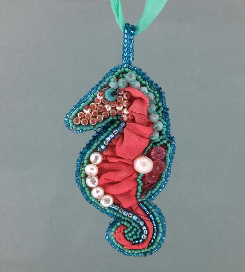 Bead Embroidered Seahorse with Ribbon