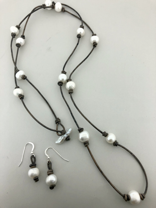 Long Knotted Leather & Bead Necklace w/Earrings