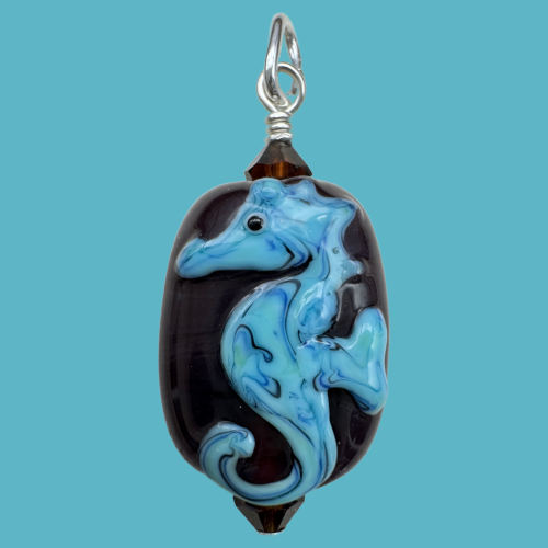 Mini Lampwork Seahorse Pendant - Marbled Blue on Expresso