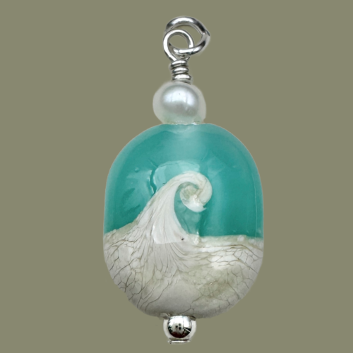 Mini Lampwork Oval Wave Pendant - Seafoam & Sand