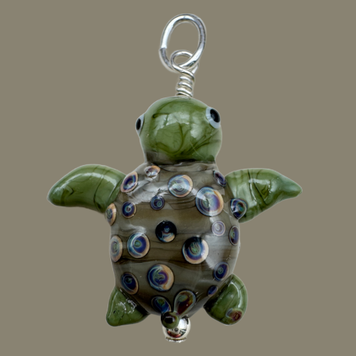 Mini Lampwork Sea Turtle Pendant - Olive & Raku - SOLD