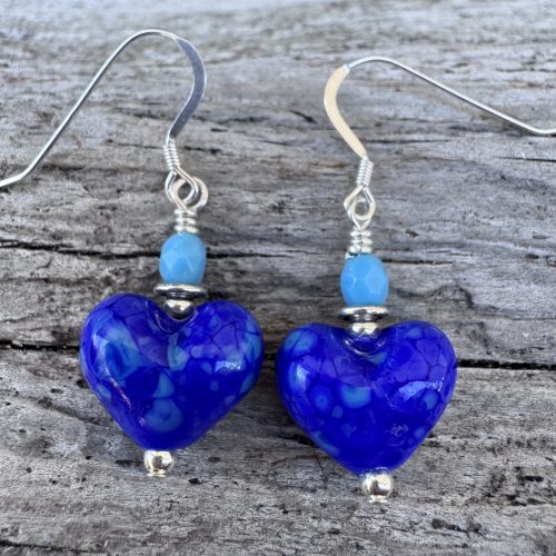 Cobalt Confetti Heart Lampwork Earrings
